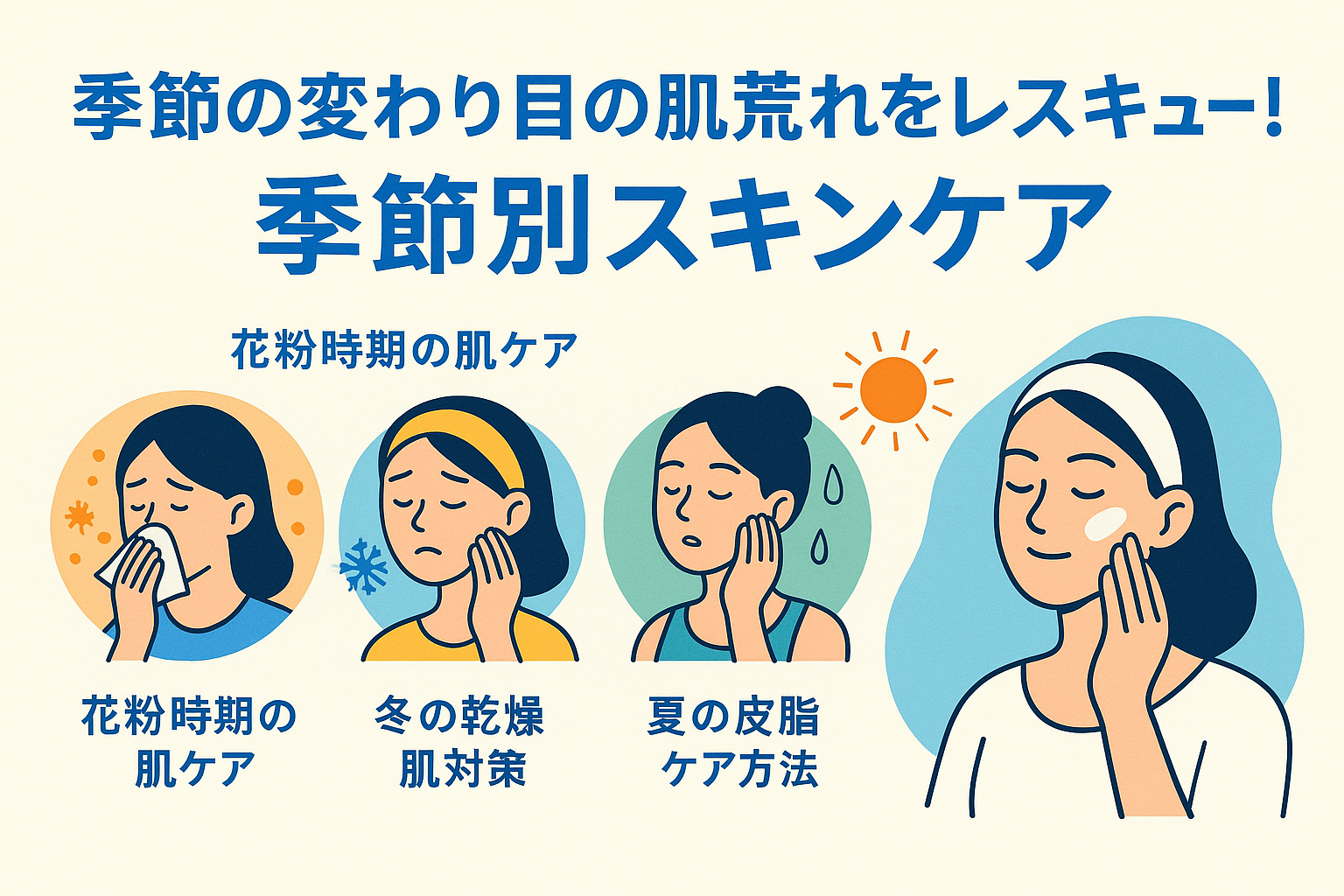 季節の変わり目の肌荒れをレスキュー！季節別スキンケア 対策・花粉時期の肌ケア・冬の乾燥 肌対策・夏の皮脂ケア方法